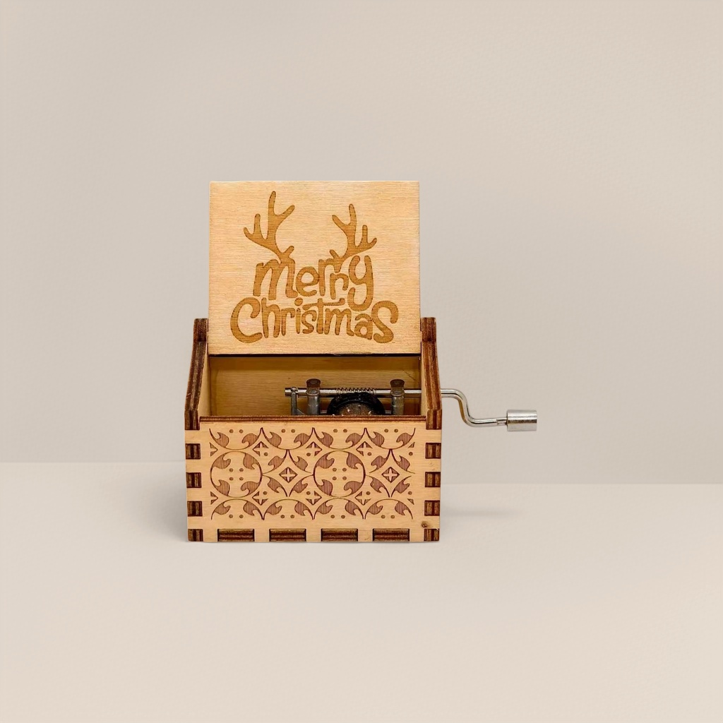 Wooden Christmas music box, hand-cranked rotating snowflake bell, festive decorative item