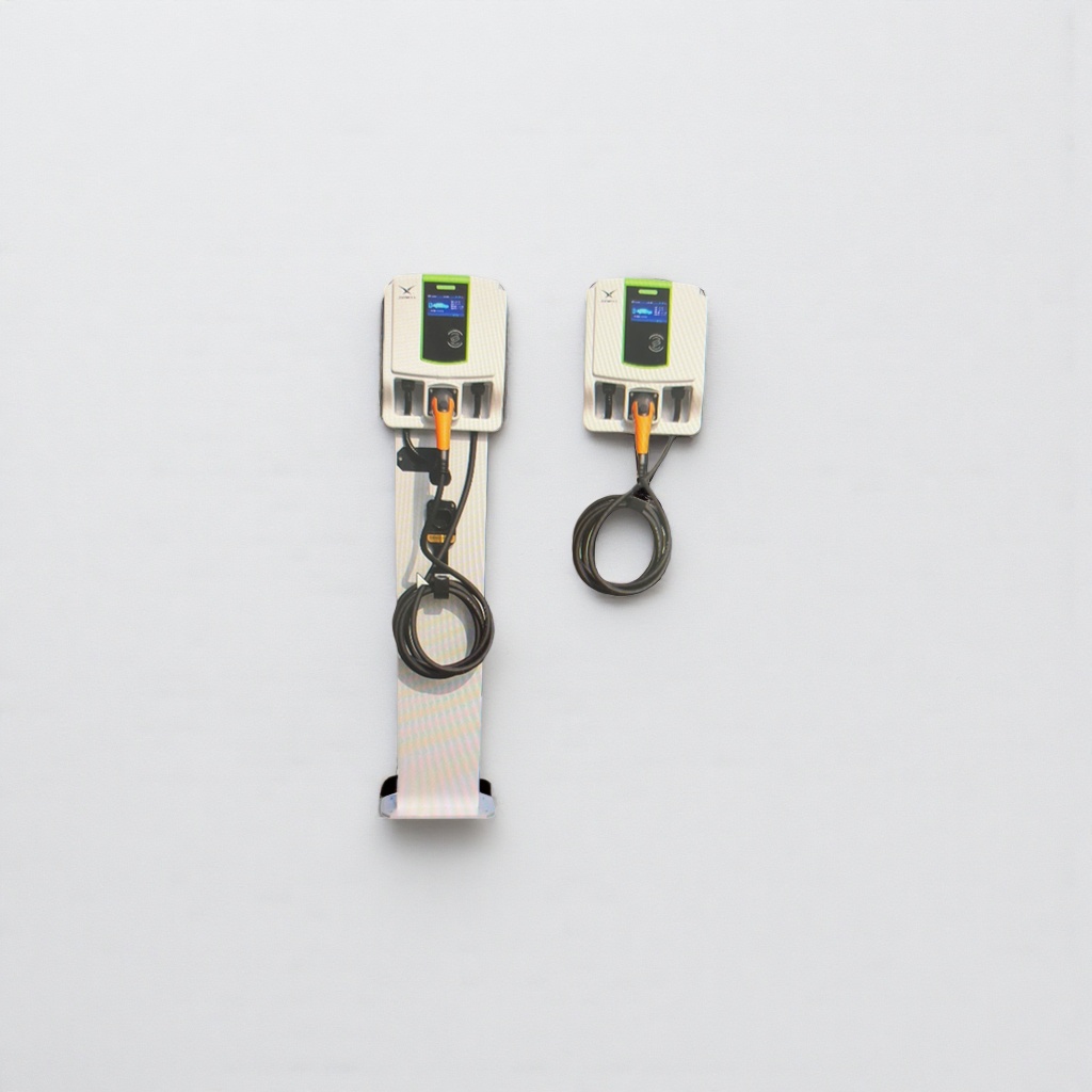 White charging pile with orange charging gun and black cable, wall-mounted for home and commercial use