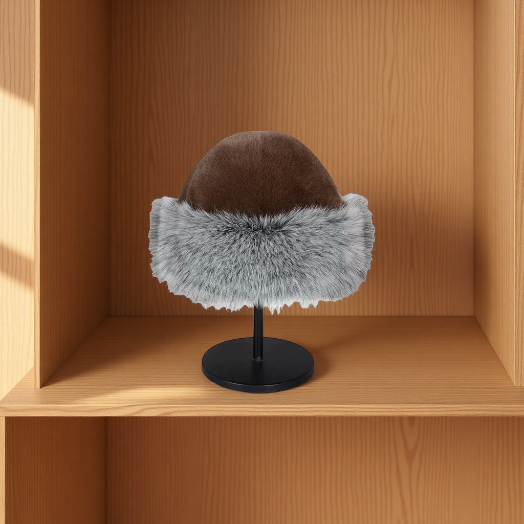 A brown plush hat with a silver-gray fur collar for women's winter warmth details Picture