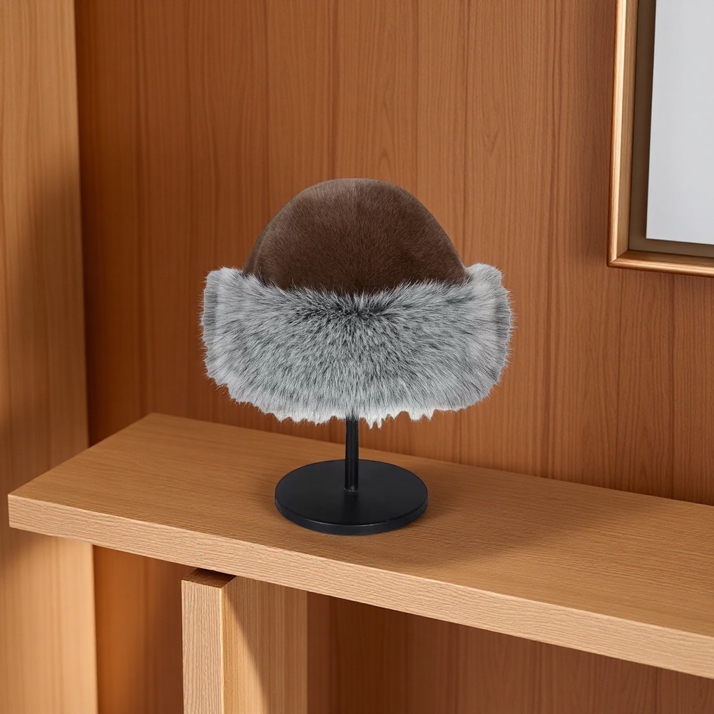 A brown plush hat with a silver-gray fur collar for women's winter warmth Application Scenario