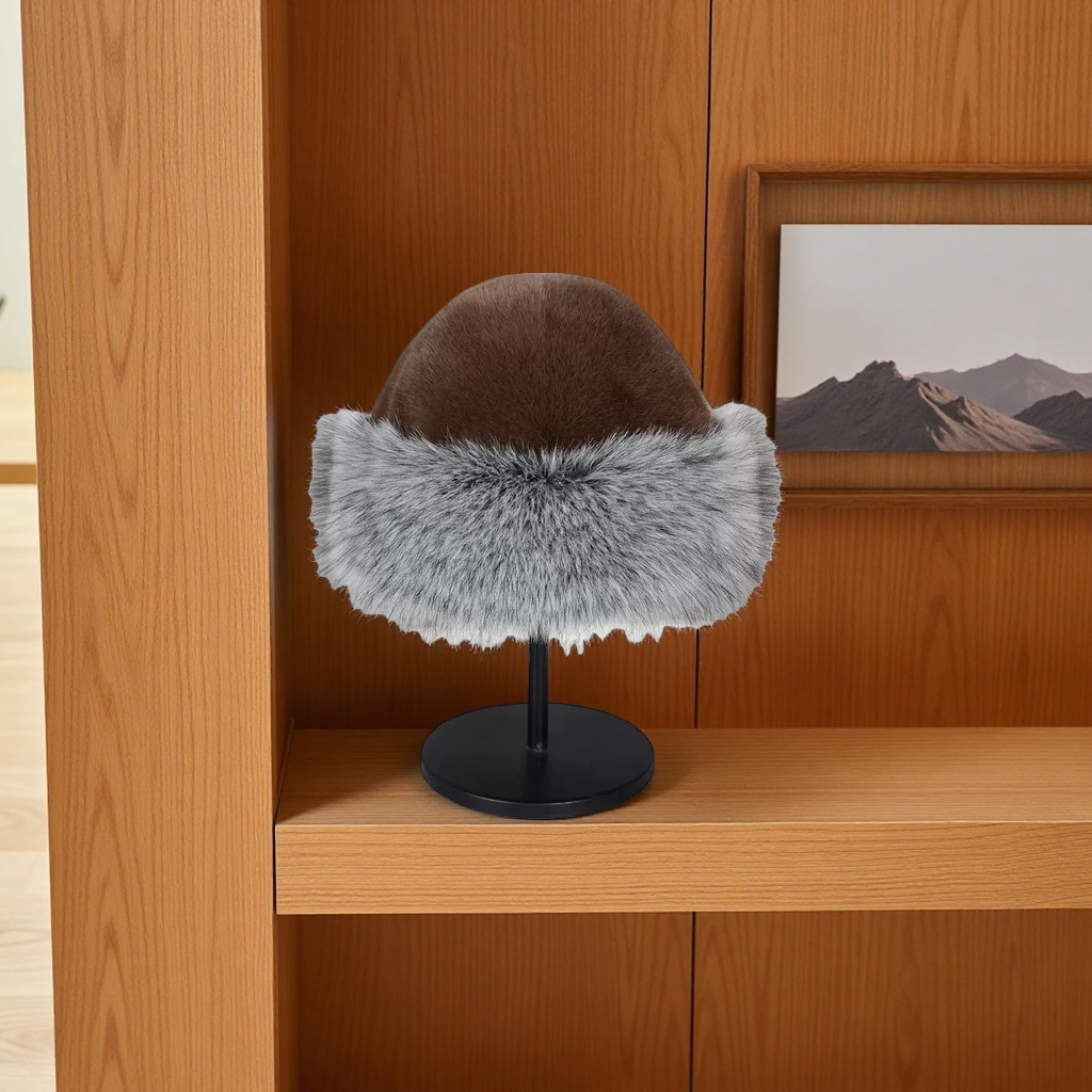 A brown plush hat with a silver-gray fur collar for women's winter warmth Specification image
