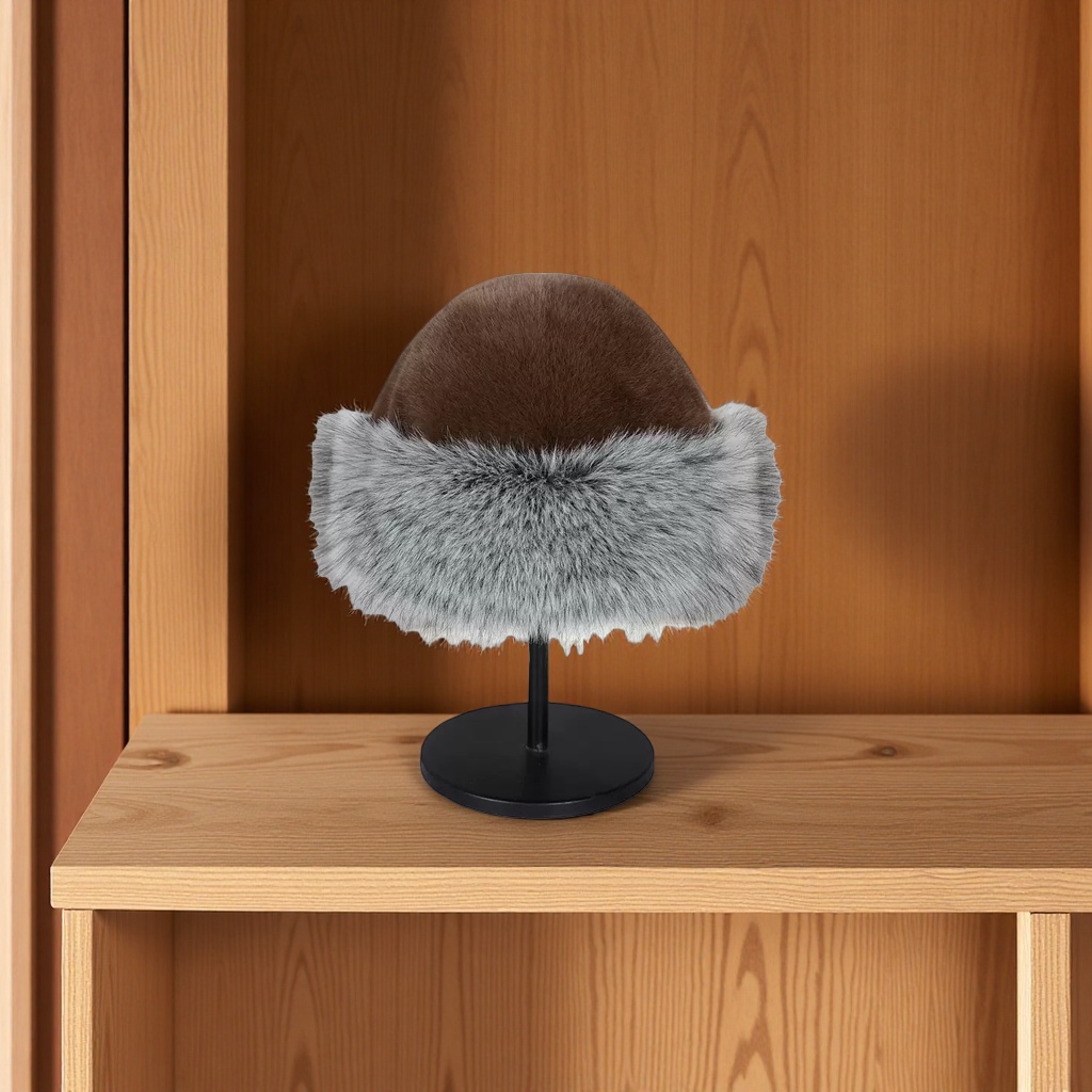A brown plush hat with a silver-gray fur collar for women's winter warmth