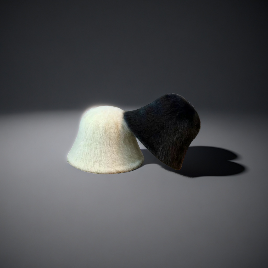 A white and black plush hat for adults