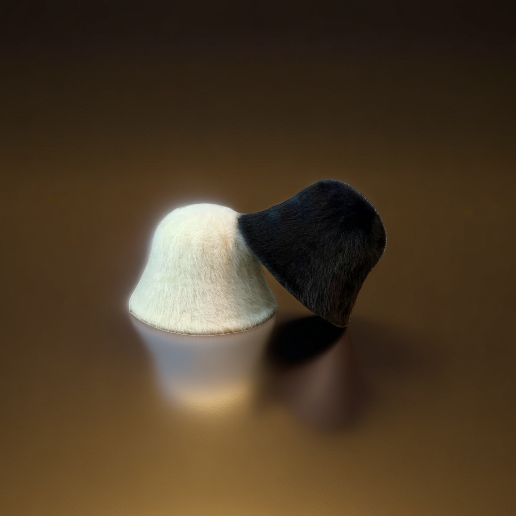 A white and black plush hat for adults details Picture