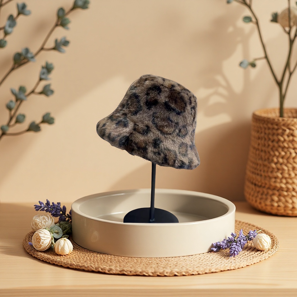 Leopard-print plush fisherman's hat, a small Korean-style casual hat that keeps you warm and looks good on your face in autumn and winter details Picture