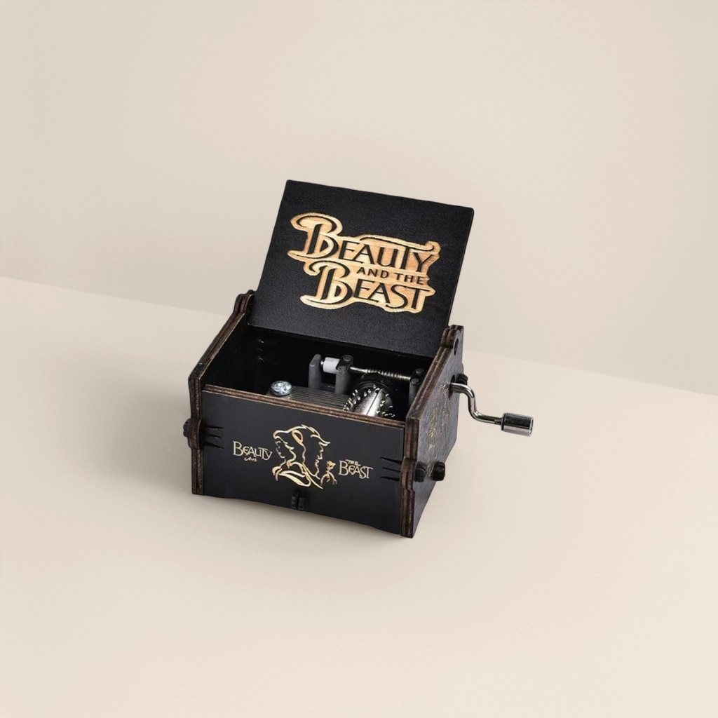 صندوق موسيقى خشبي أسود مغطى بحروف ذهبية من نوع Beutand d Beast مع مقبض معدني Specification image