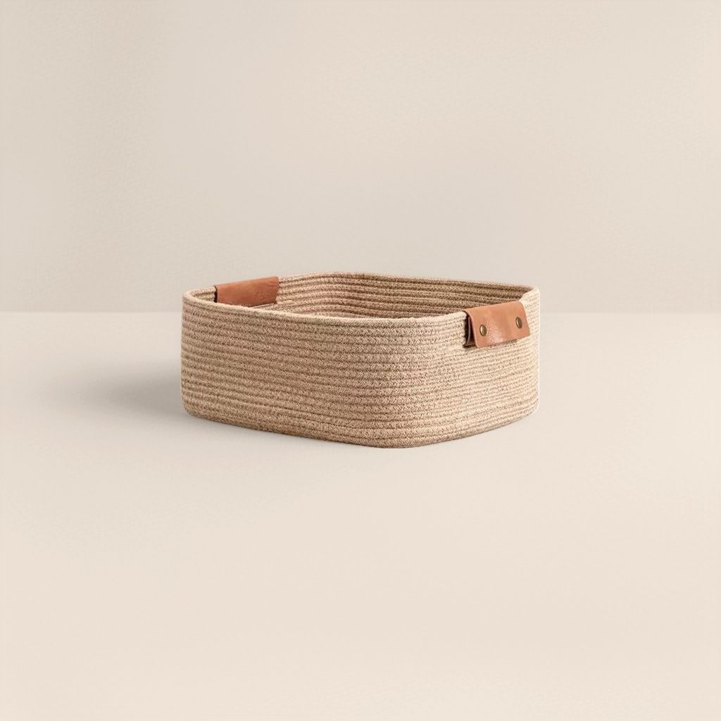 Beige rope woven storage basket for home living room and bedroom organization, rattan woven storage basket