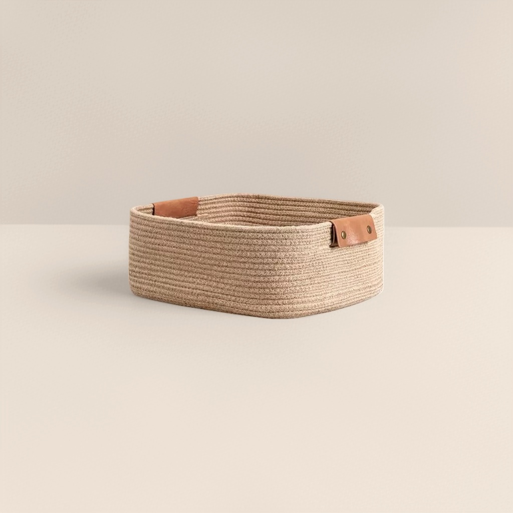 Beige rope woven storage basket for home living room and bedroom organization, rattan woven storage basket Application Scenario