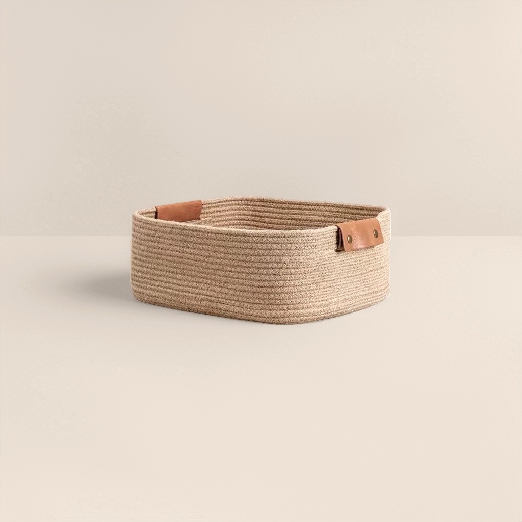 Beige rope woven storage basket for home living room and bedroom organization, rattan woven storage basket Specification image