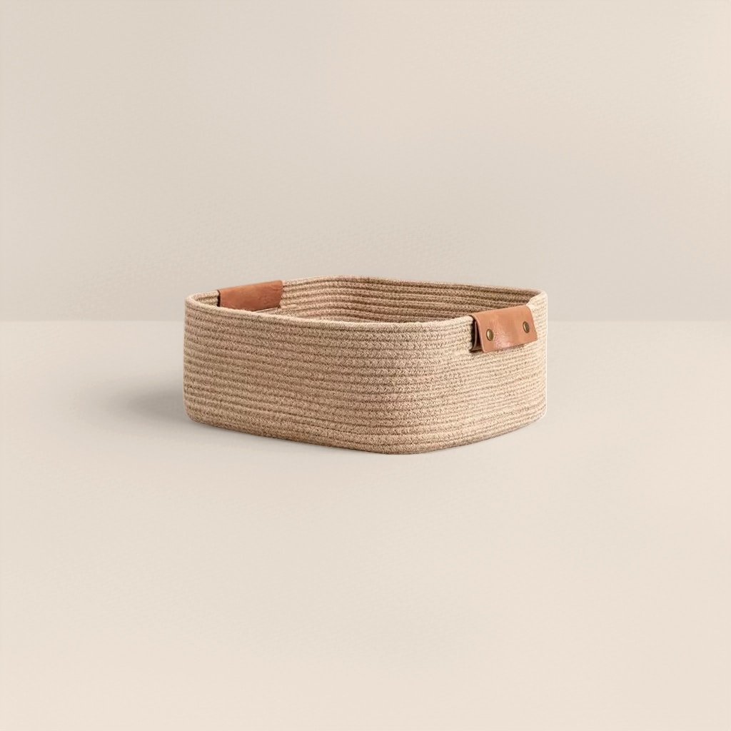 Beige rope woven storage basket for home living room and bedroom organization, rattan woven storage basket details Picture