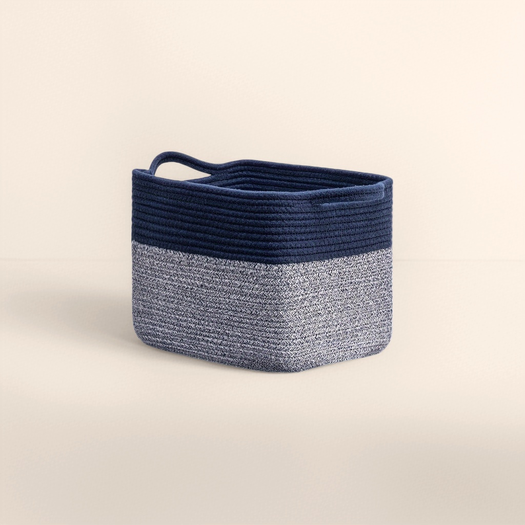 Deep blue and gray color-blocked woven storage basket, large-capacity household storage basket, living room and bedroom organizing basket Specification image