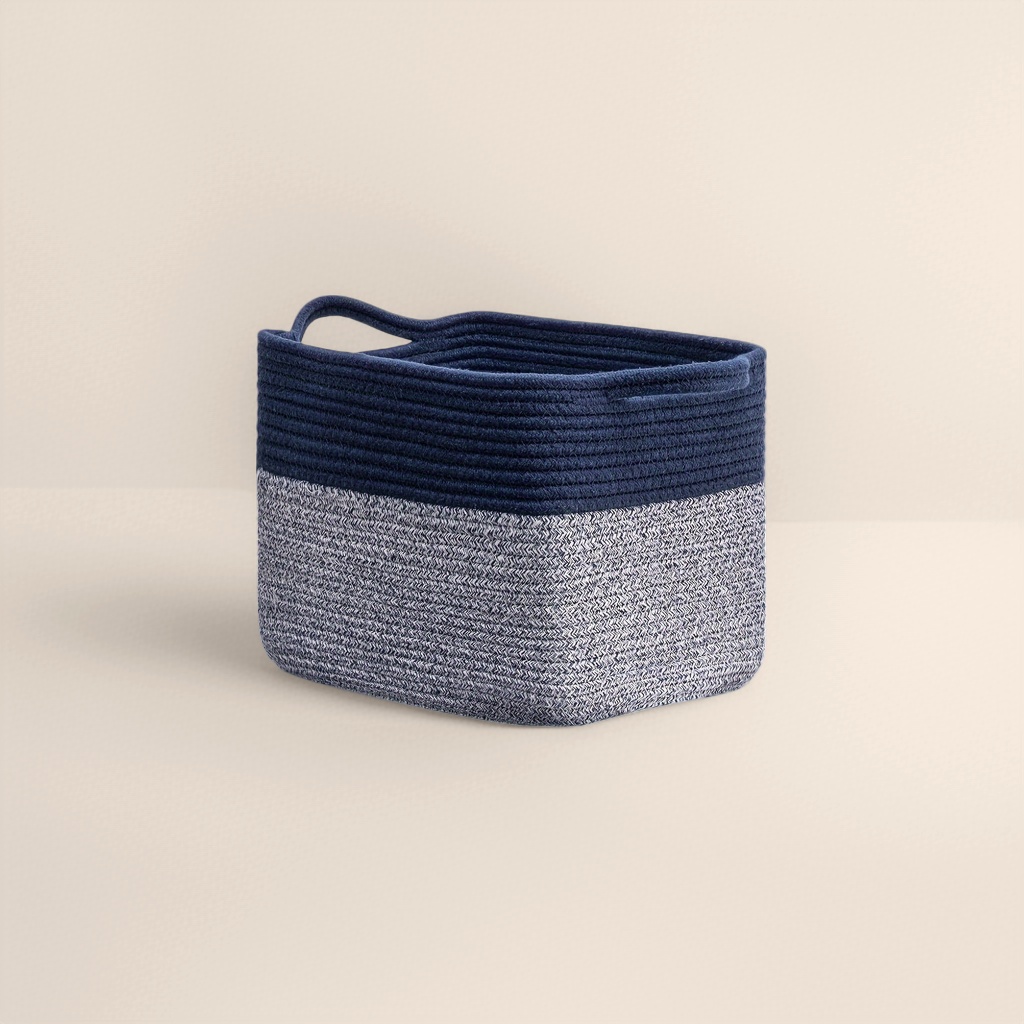 Deep blue and gray color-blocked woven storage basket, large-capacity household storage basket, living room and bedroom organizing basket Application Scenario