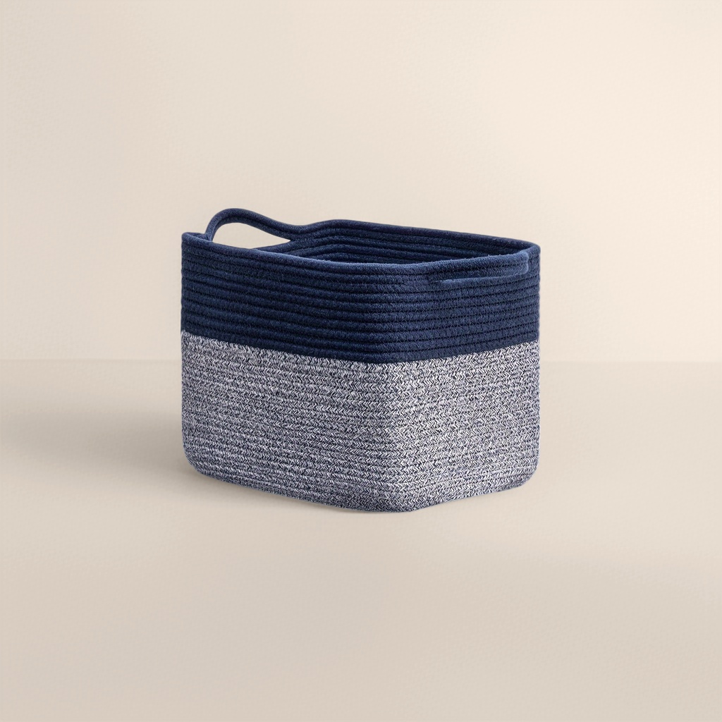Deep blue and gray color-blocked woven storage basket, large-capacity household storage basket, living room and bedroom organizing basket