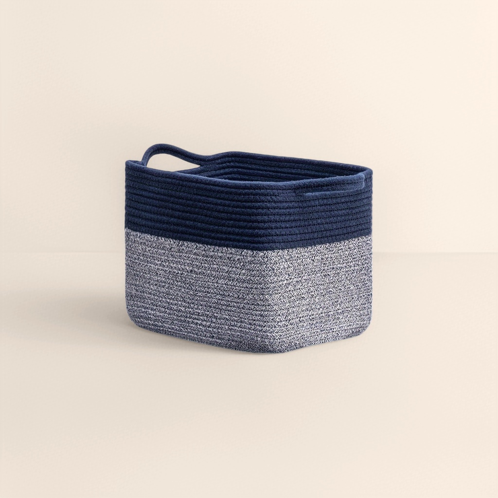 Deep blue and gray color-blocked woven storage basket, large-capacity household storage basket, living room and bedroom organizing basket details Picture