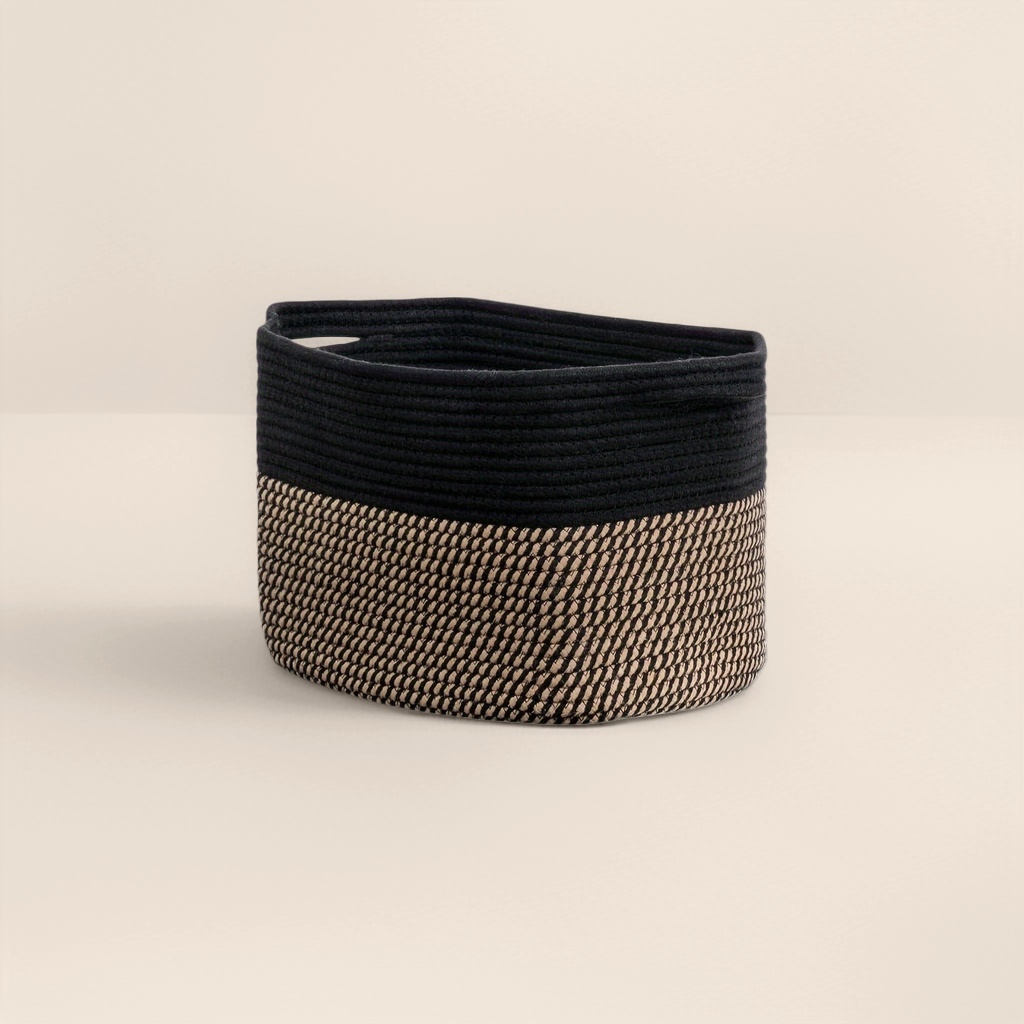 Black and beige patchwork woven storage basket, home storage basket, large-capacity organizing basket Application Scenario