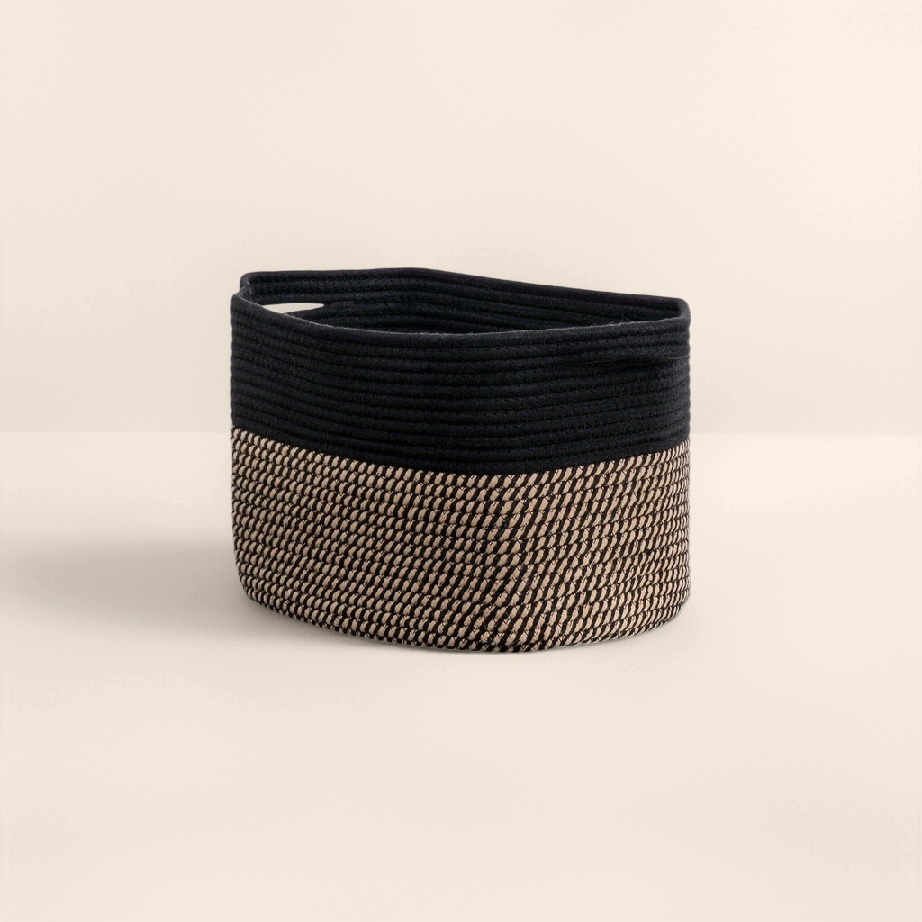 Black and beige patchwork woven storage basket, home storage basket, large-capacity organizing basket