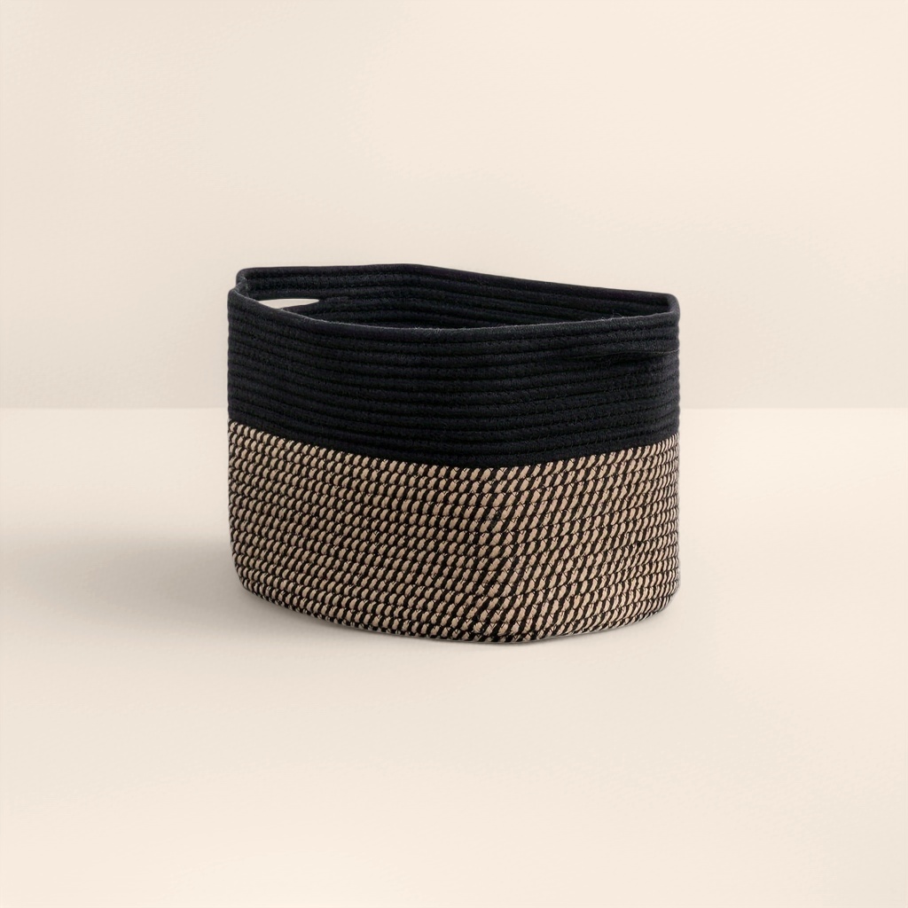 Black and beige patchwork woven storage basket, home storage basket, large-capacity organizing basket details Picture