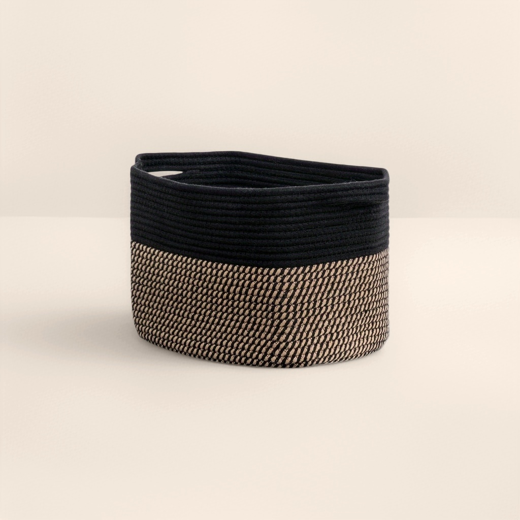 Black and beige patchwork woven storage basket, home storage basket, large-capacity organizing basket Specification image