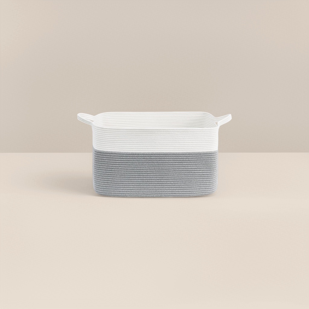 Gray and white double-color rope woven storage basket for home living room and bedroom organization Application Scenario
