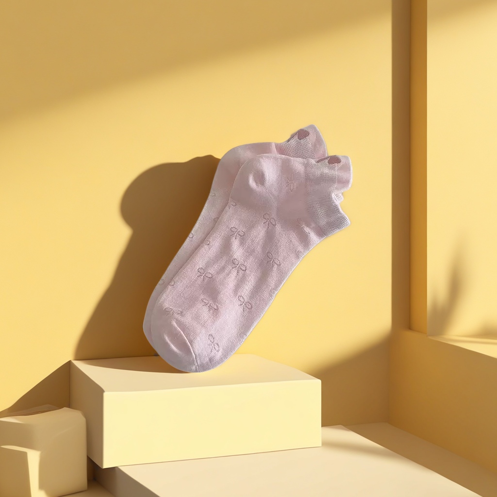 粉色蝴蝶结纯棉短袜女春夏款吸汗透气舒适