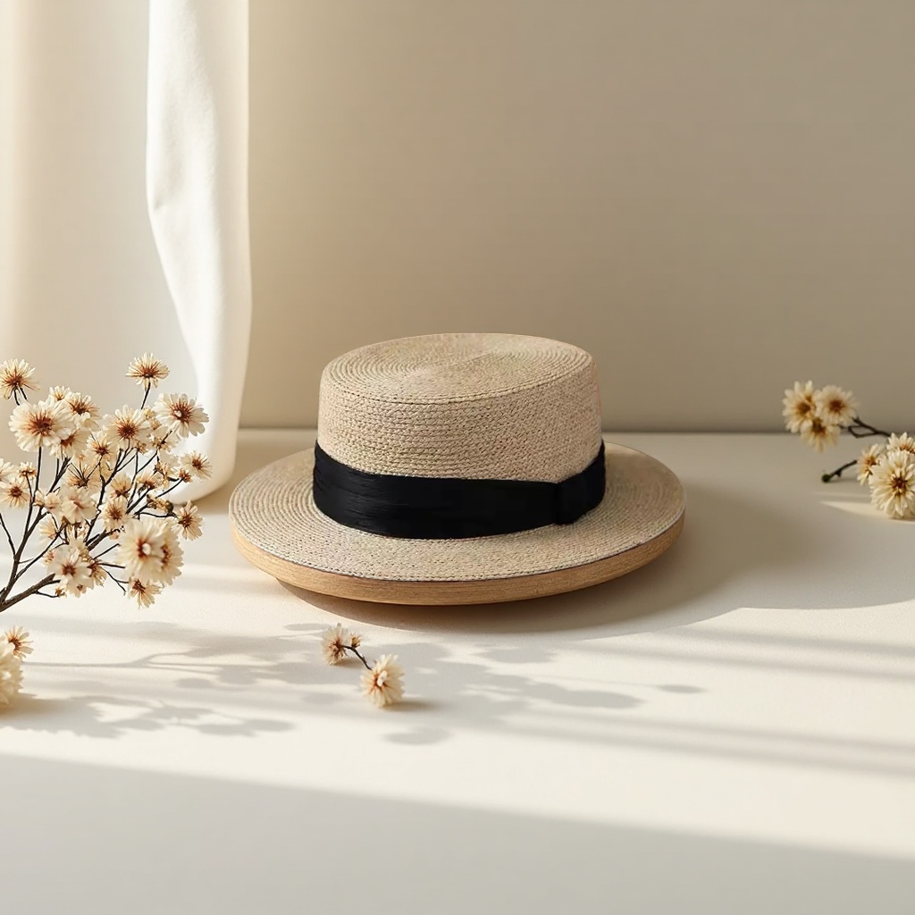 Beige straw-woven top hat with black ribbon summer sunshade fashionable women's hat, summer Korean version for women Application Scenario