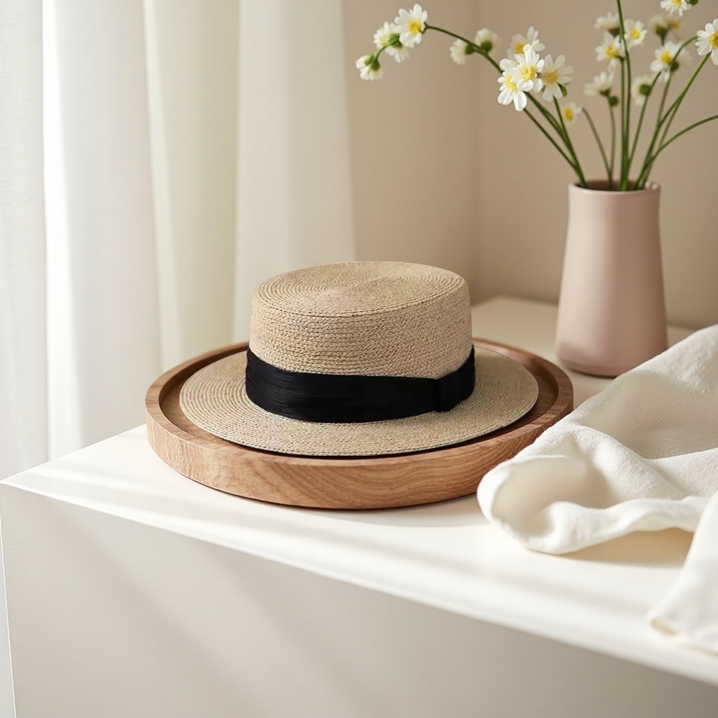 Beige straw-woven top hat with black ribbon summer sunshade fashionable women's hat, summer Korean version for women Specification image