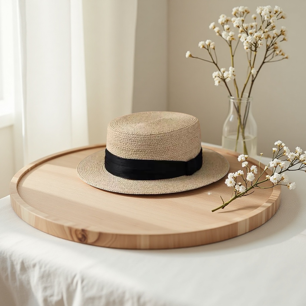 Beige straw-woven top hat with black ribbon summer sunshade fashionable women's hat, summer Korean version for women details Picture