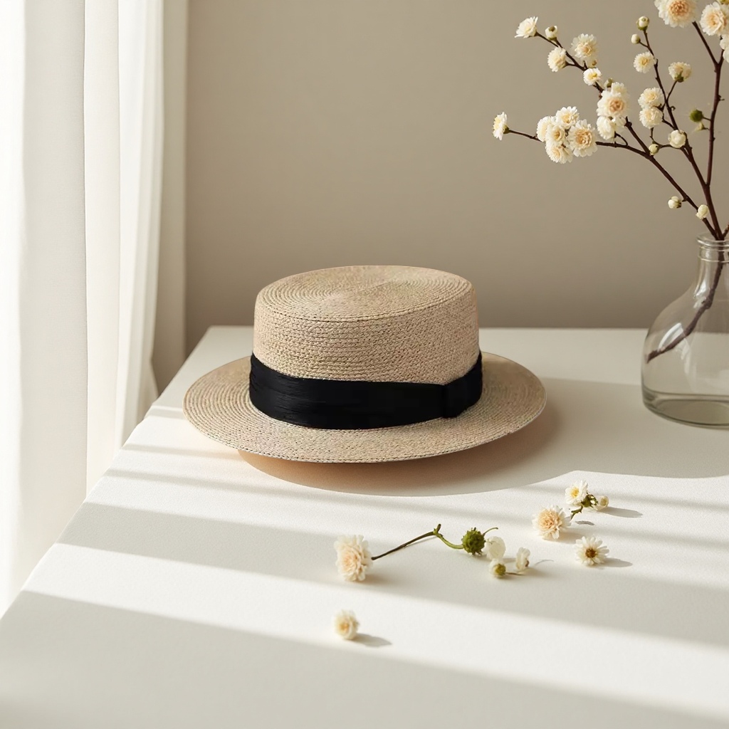 Beige straw-woven top hat with black ribbon summer sunshade fashionable women's hat, summer Korean version for women