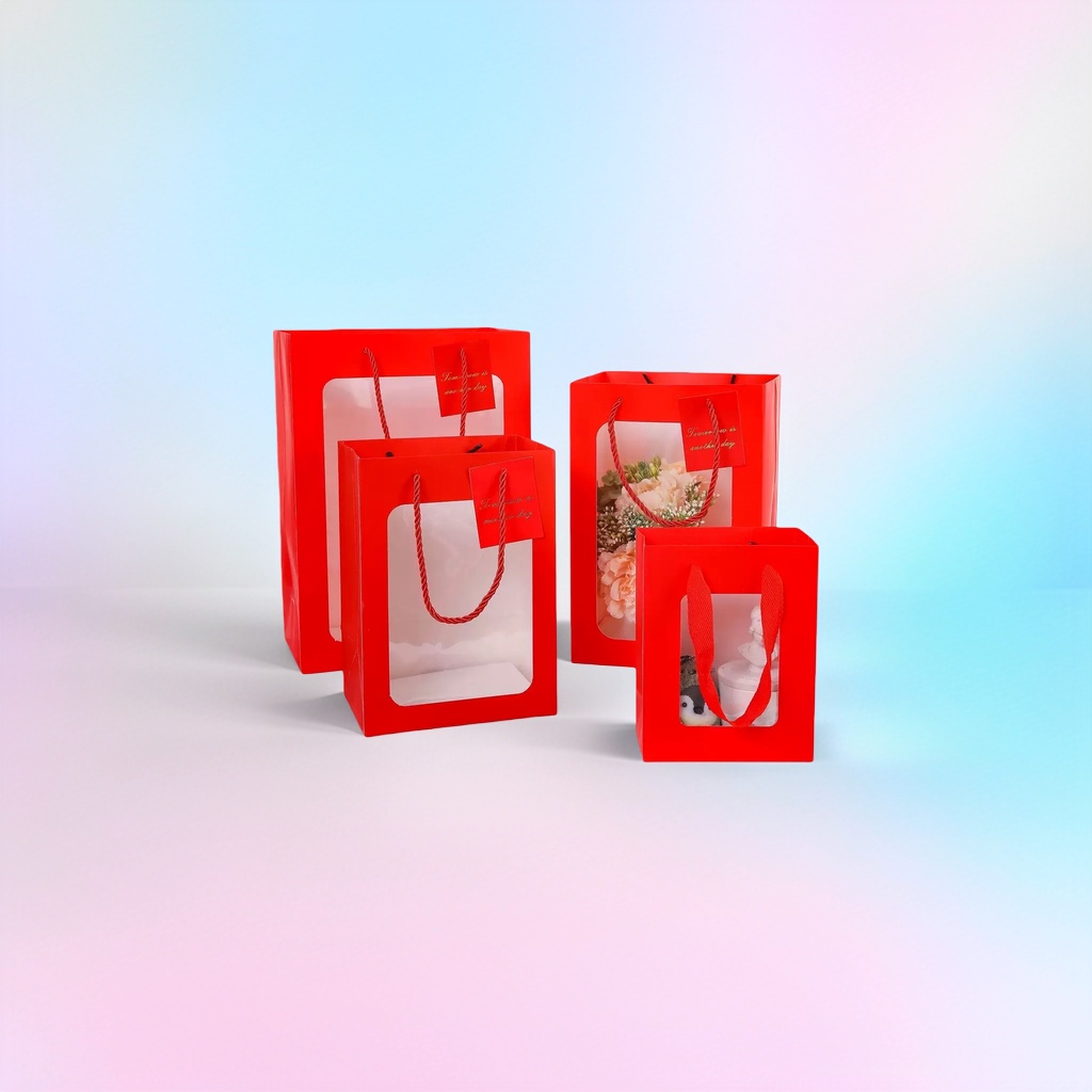 Pink transparent window gift bag, a fashionable and simple hand-held eco-friendly packaging bag Specification image