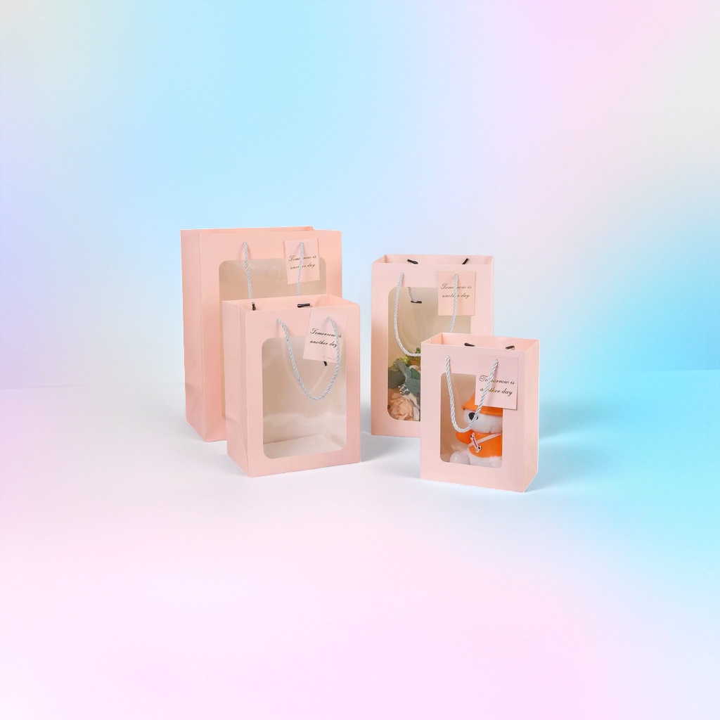 Pink transparent window gift bag, a fashionable and simple hand-held eco-friendly packaging bag Application Scenario