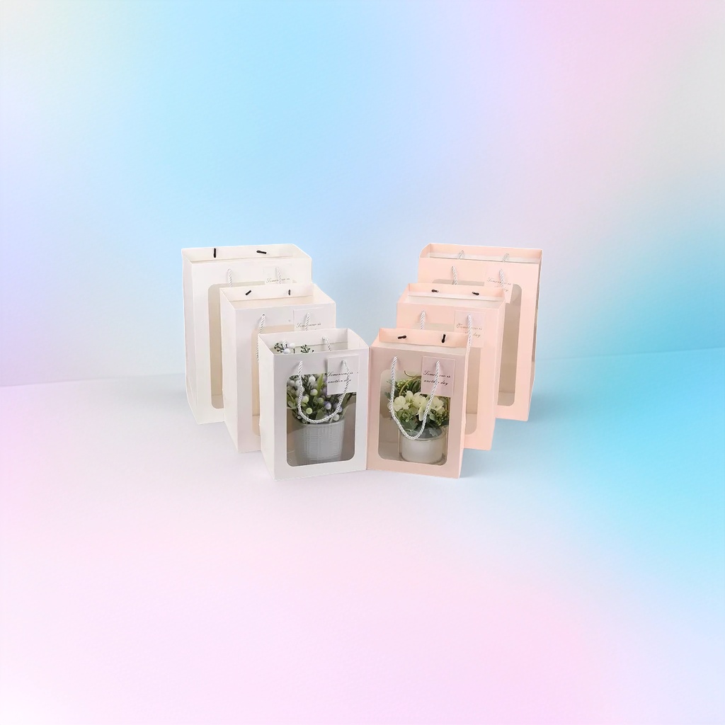 Pink transparent window gift bag, a fashionable and simple hand-held eco-friendly packaging bag details Picture
