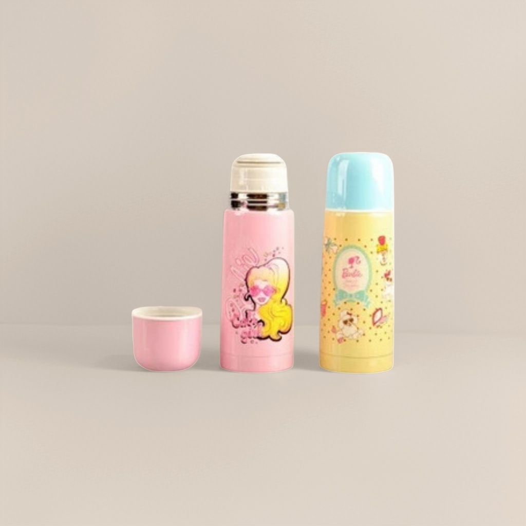 芭比粉色黄色图案保温杯套装含粉色小杯子