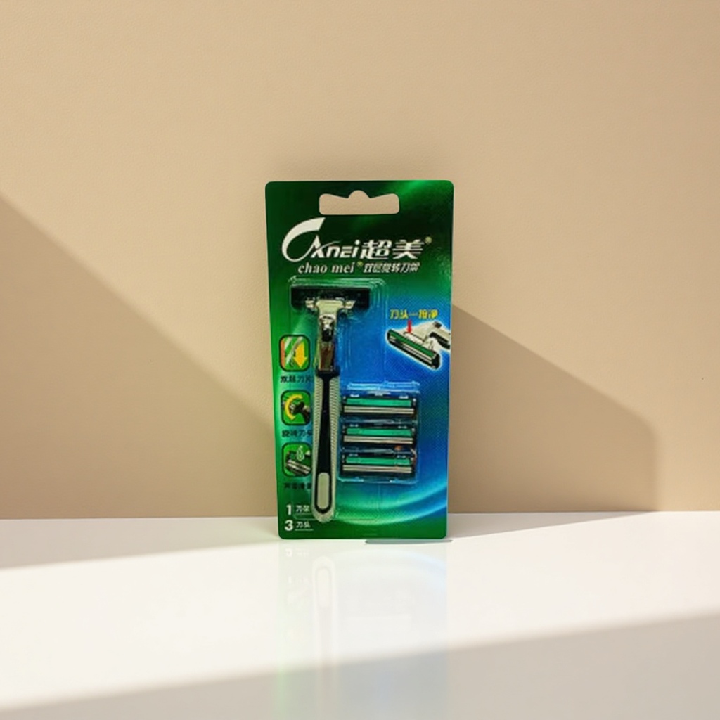 The Super Beautiful brand green packaging razor comes with a three-blade head Specification image