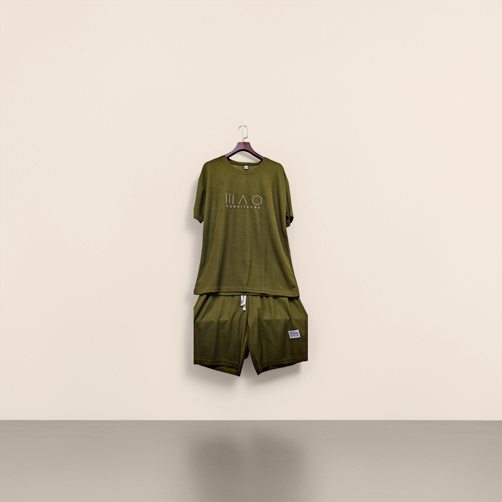 Olive green striped men's casual short-sleeved T-shirt and pants set details Picture