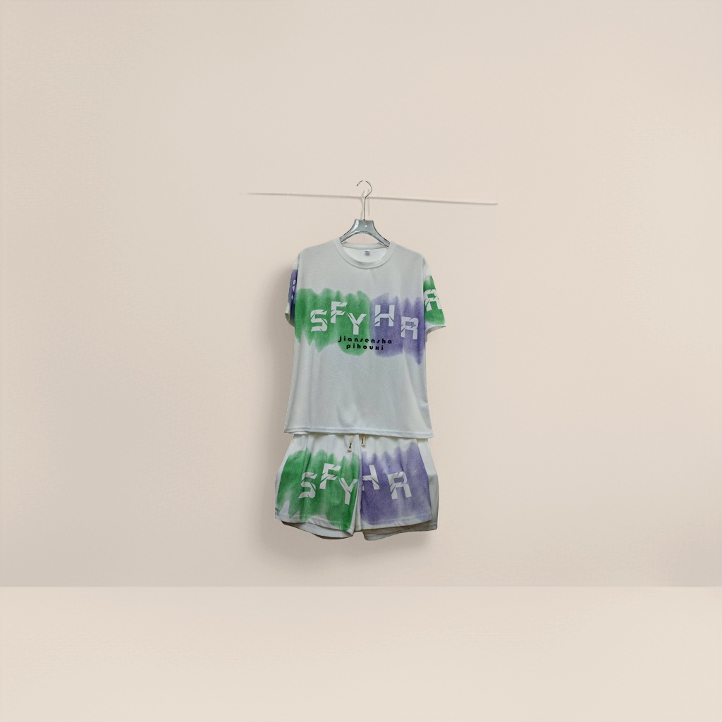 A white printed short-sleeved T-shirt and shorts set for men's casual summer wear Specification image