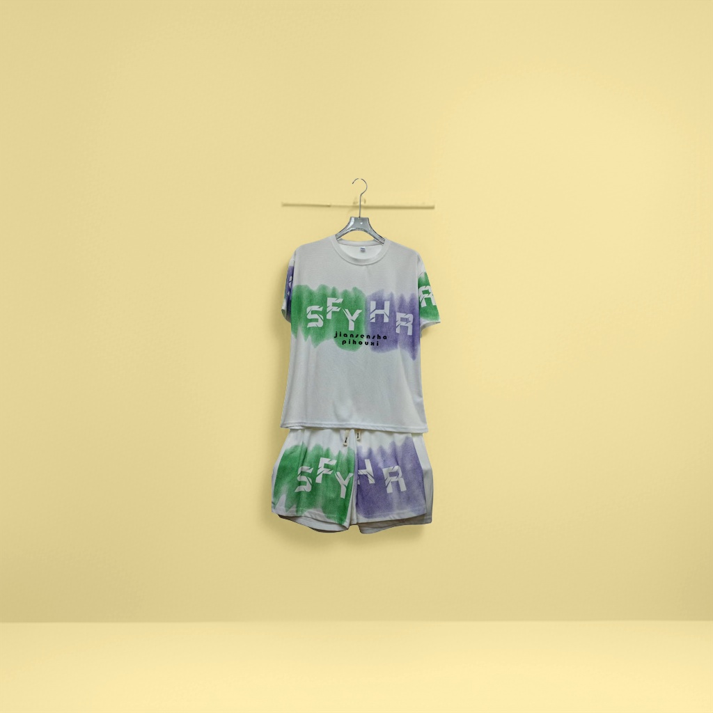 A white printed short-sleeved T-shirt and shorts set for men's casual summer wear details Picture