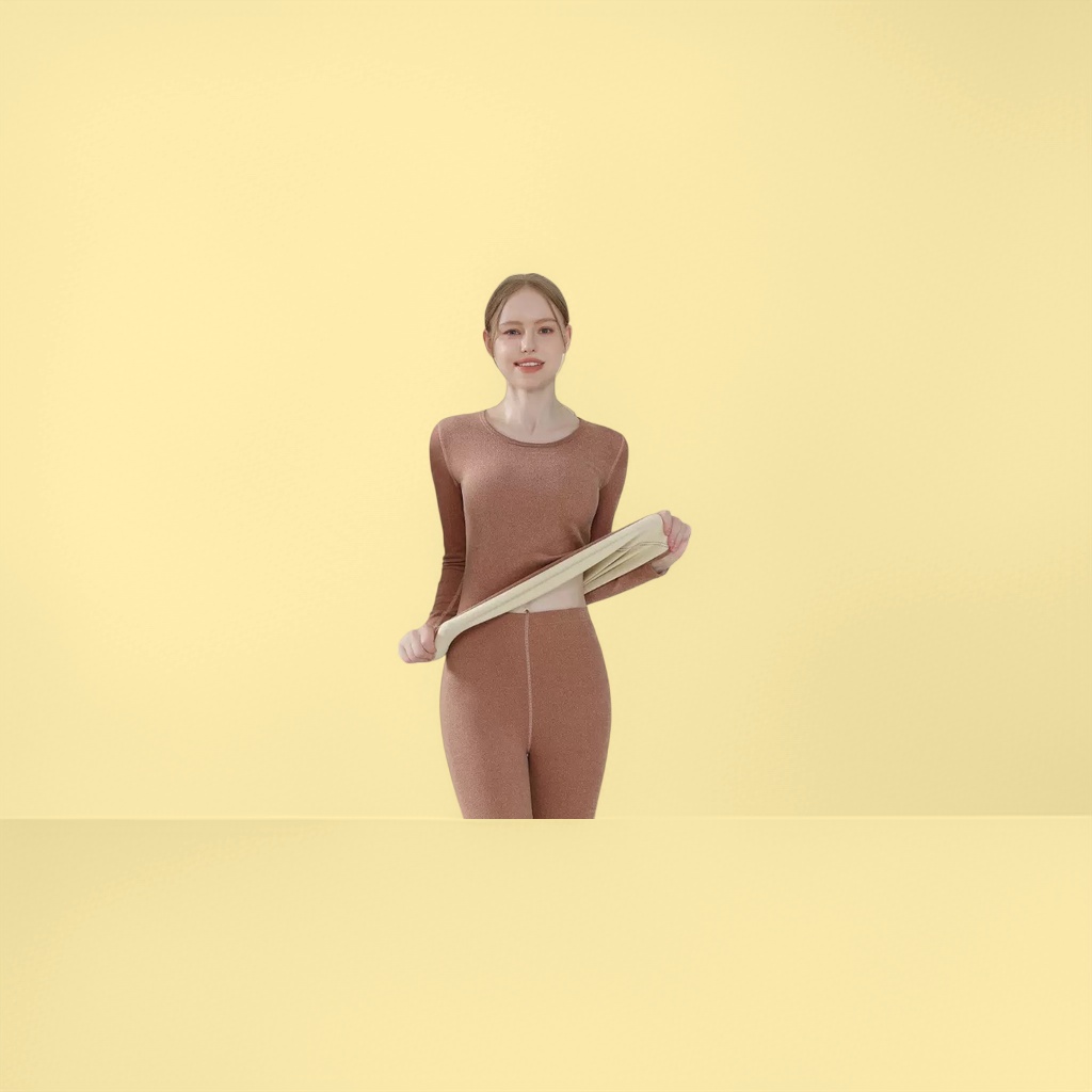 A winter brown long-sleeved top with long pants for women's warm suit details Picture