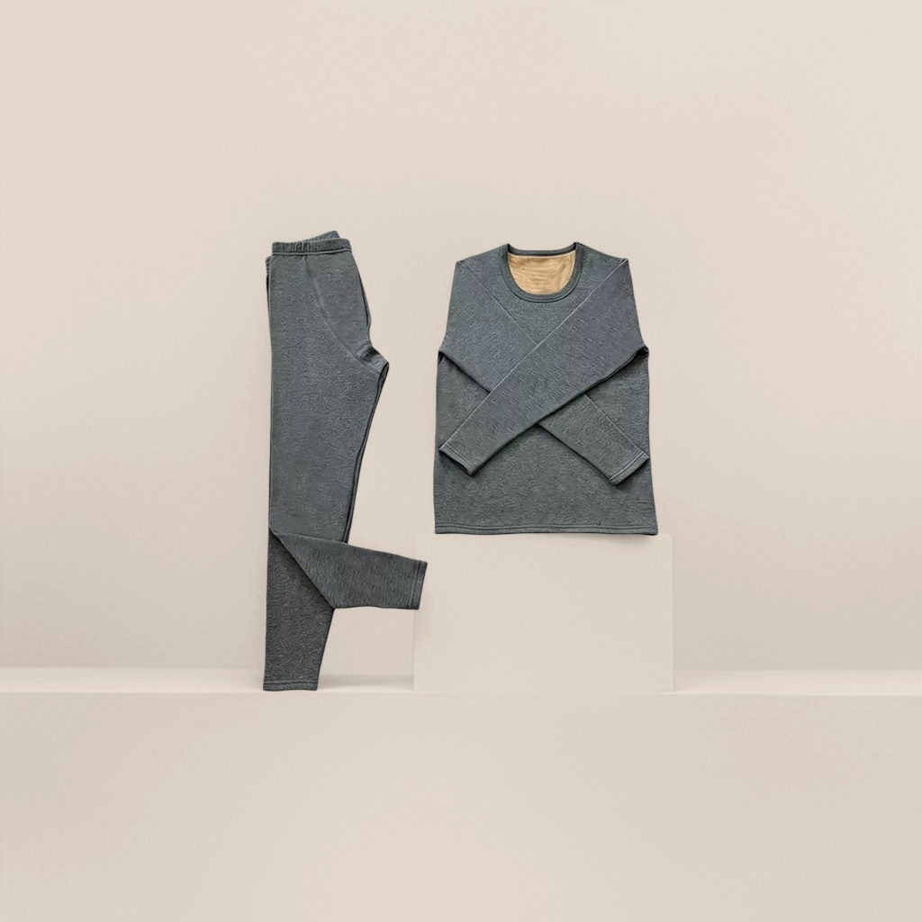A grey thermal underwear set with a long-sleeved top and long pants as the base for autumn and winter Application Scenario