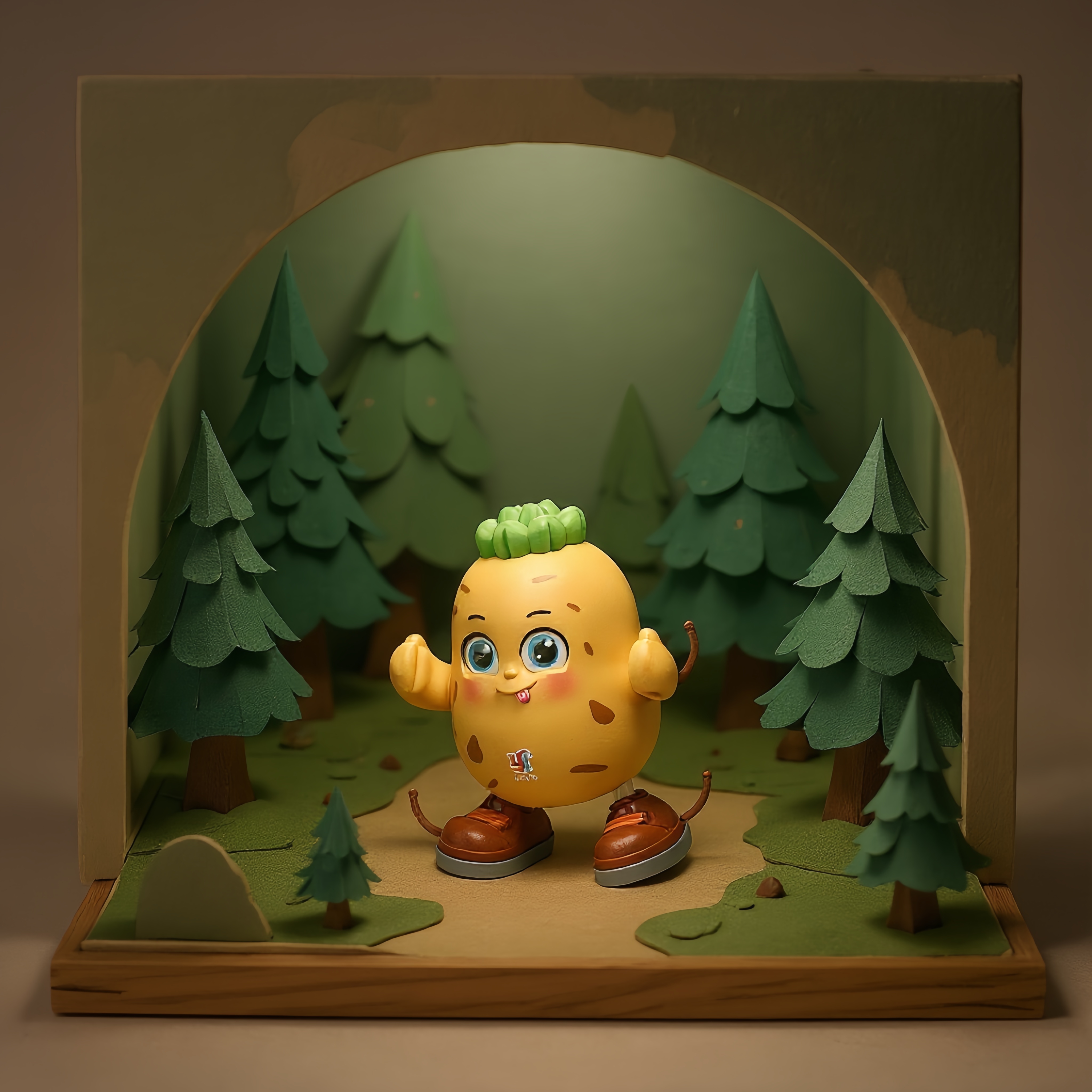A yellow potato-shaped toy with a green bun, blue big eyes and a tongue-out expression, and brown shoes in a dancing pose Application Scenario
