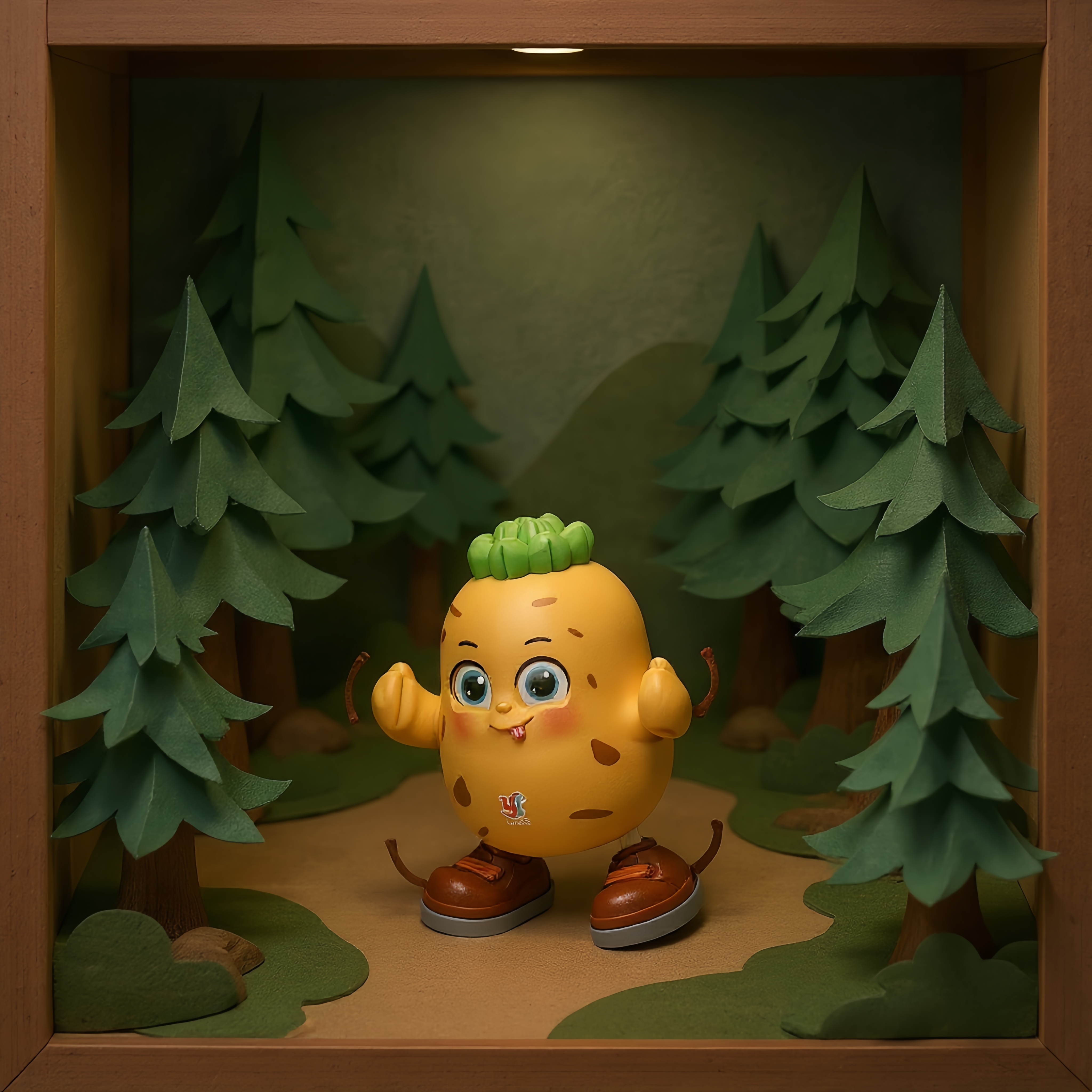 A yellow potato-shaped toy with a green bun, blue big eyes and a tongue-out expression, and brown shoes in a dancing pose Specification image