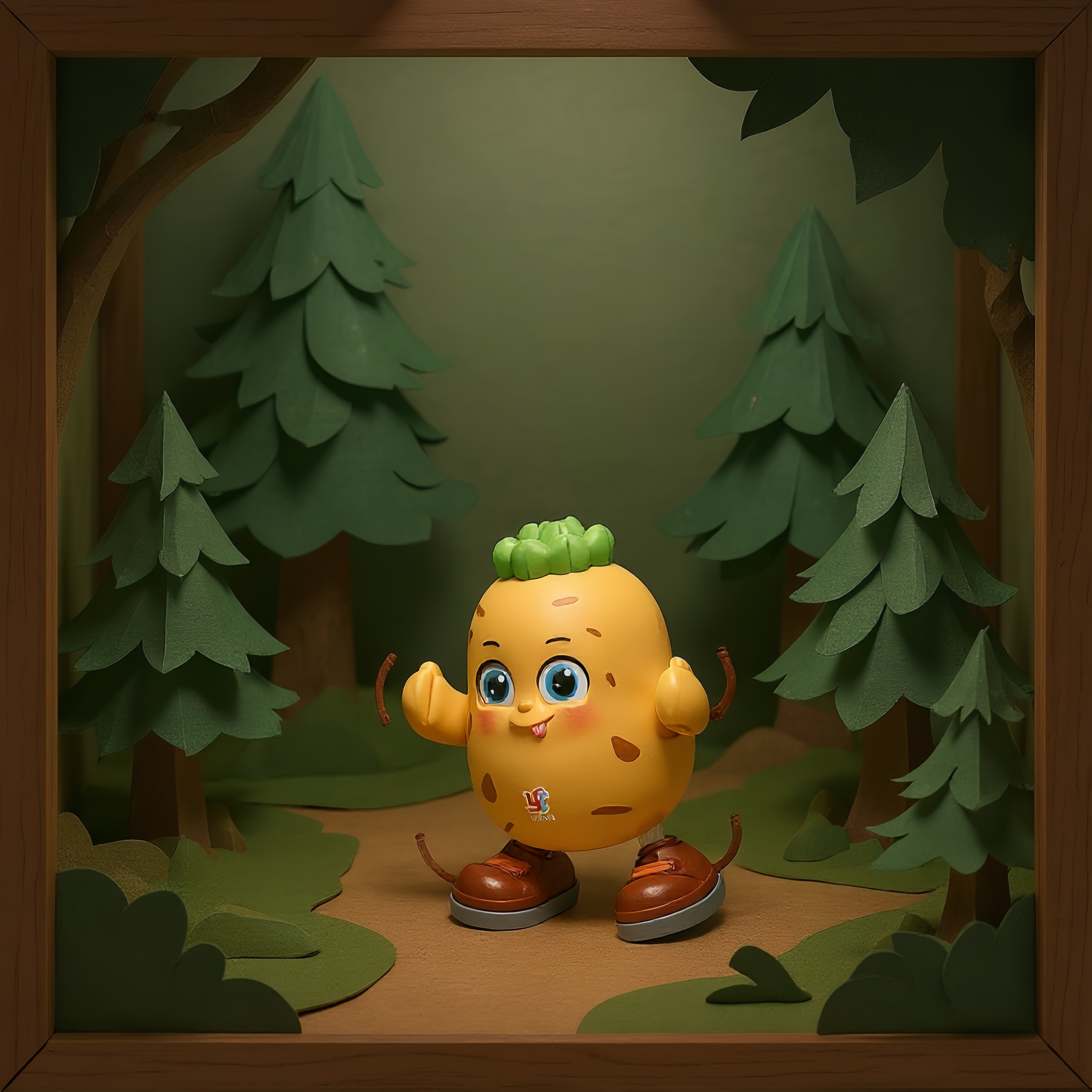 A yellow potato-shaped toy with a green bun, blue big eyes and a tongue-out expression, and brown shoes in a dancing pose details Picture