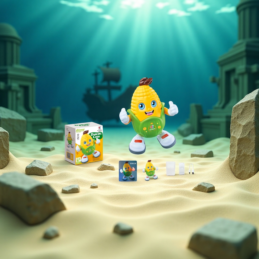 Yellow corn-shaped toy, green bracts decorated, big blue eyes, smiling expression, white gloves and shoes, dancing gesture Specification image