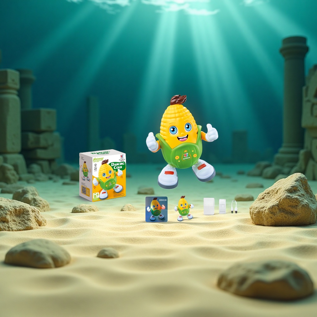 Yellow corn-shaped toy, green bracts decorated, big blue eyes, smiling expression, white gloves and shoes, dancing gesture details Picture