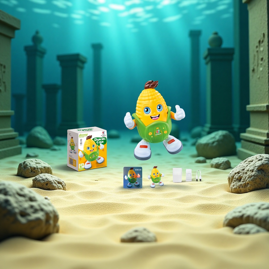 Yellow corn-shaped toy, green bracts decorated, big blue eyes, smiling expression, white gloves and shoes, dancing gesture Application Scenario