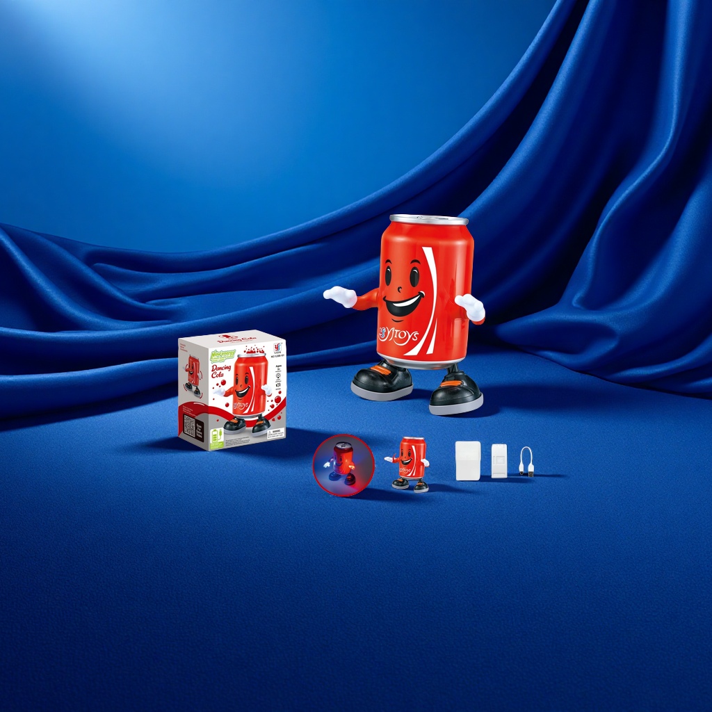 Red Cola can-shaped toy with smiling arms, black and orange shoes marked Dancing Cola YJTOYS details Picture