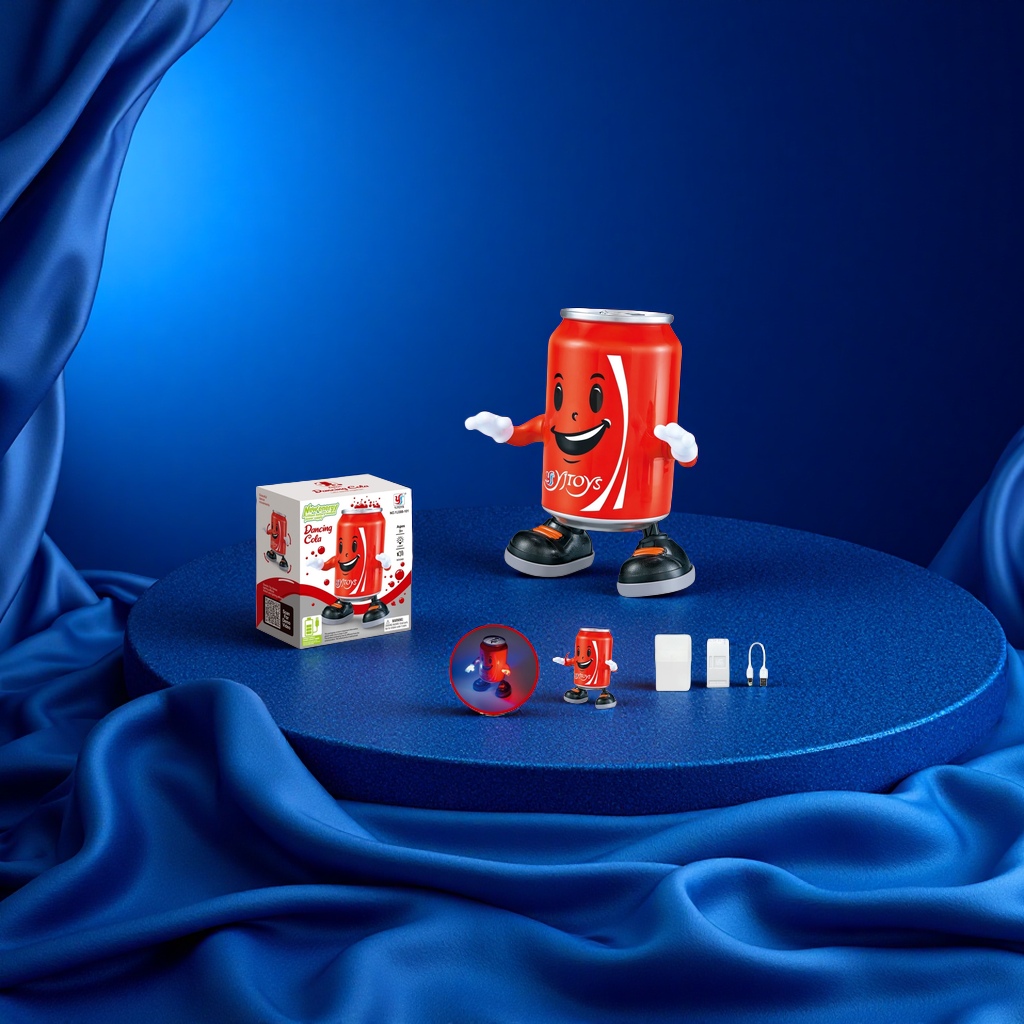 Red Cola can-shaped toy with smiling arms, black and orange shoes marked Dancing Cola YJTOYS Application Scenario