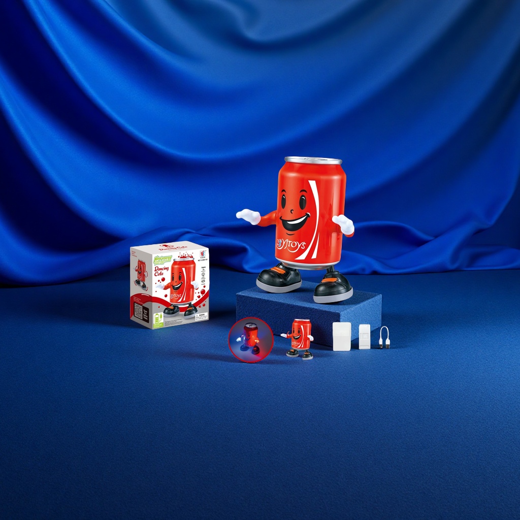 Red Cola can-shaped toy with smiling arms, black and orange shoes marked Dancing Cola YJTOYS Specification image