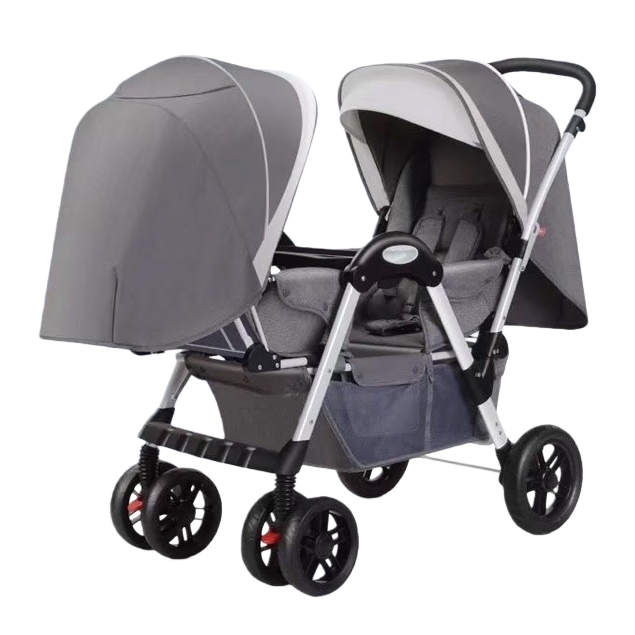 Grey twin cochecito puede sentarse o acostarse bidireccional impulso plegable ligero con toldo Item Picture