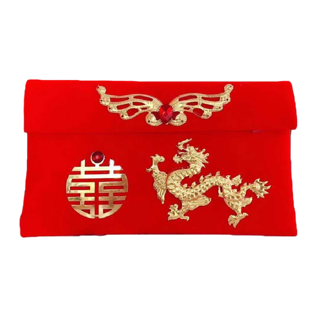 The red wedding invitation envelope is decorated with golden double happiness, golden dragon, golden wings and phoenix Item Picture
