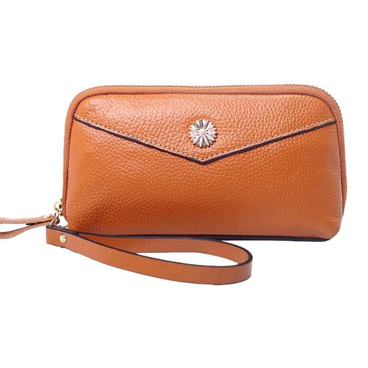 Brown genuine leather long wallet, unisex simple business casual style Item Picture